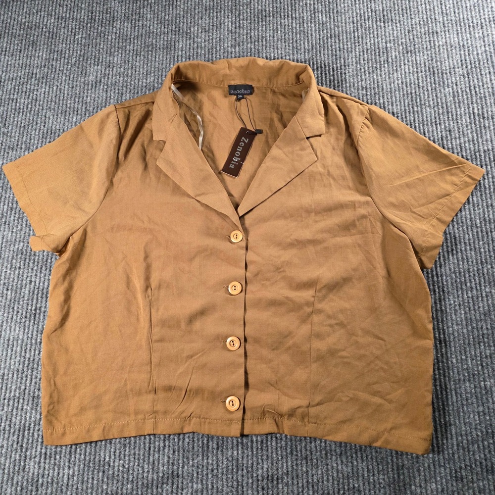 Zenobia Women 3XL Brown Short Sleeve‎ Button Up Blouse Cropped Top NEW